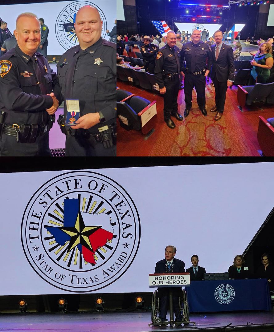 Three-photo collage. Far left photo contains Deputy Corey Cooke holding the Combat Cross, shaking hands with Sheriff Rand Henderson. Far right photo contains a group photo with Deputy Cooke and Sheriff Henderson. Bottom photo contains Governor Abbot giving his speech behind a podium that reads "Honor our Heroes".